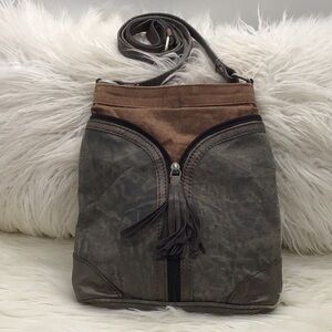 Mona B Upcycle Gray/Brown Canvas Crossbody Bag